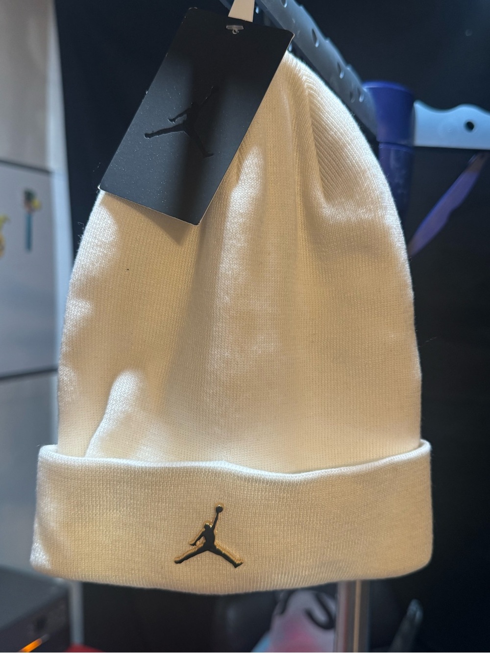 Jordan White Knit Beanie with Black Jumpman Logo